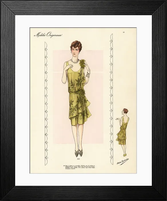 Framed Print : Dancing frock in pale green chiffon embroidered with coloured si Framed Print : Dancing frock in pale green chiffon embroidered with coloured si
