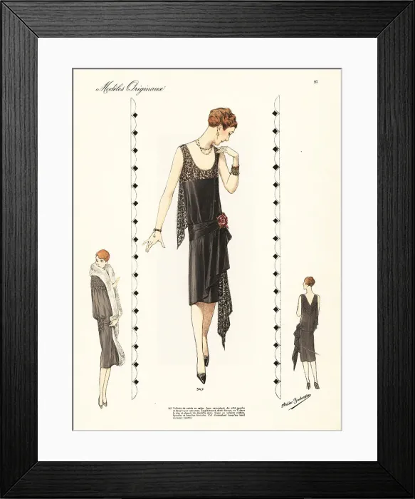 Framed Print : Evening dress of black satin, rose on the hip, with matching bla Framed Print : Evening dress of black satin, rose on the hip, with matching bla