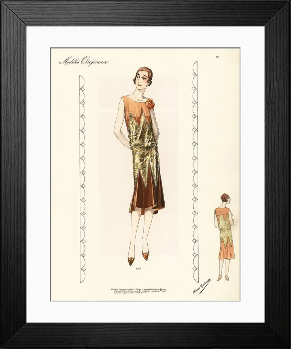 Framed Print : Evening dress of velvet chiffon decorated with gold silk muslin