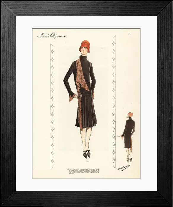 Framed Print : Afternoon dress of crepe roma, orange cloche hat Framed Print : Afternoon dress of crepe roma, orange cloche hat