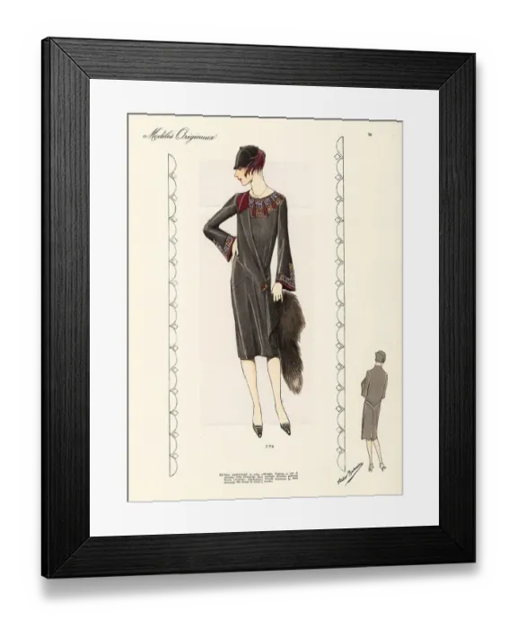 Framed Print : Afternoon dress of grey Moroccan crepe, cloche hat with feather Framed Print : Afternoon dress of grey Moroccan crepe, cloche hat with feather