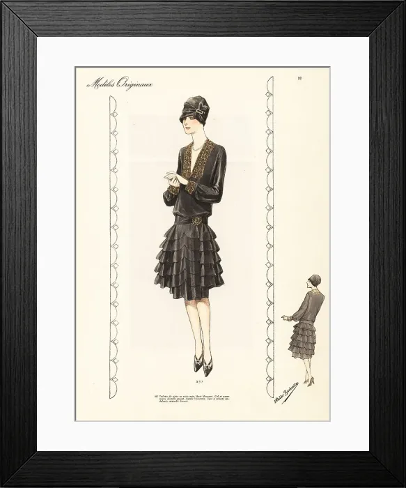 Framed Print : Black satin visiting dress, skirt with six flaring flounces Framed Print : Black satin visiting dress, skirt with six flaring flounces