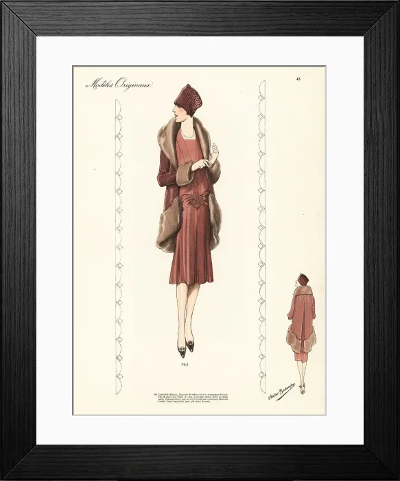 Framed Print : Two-piece ensemble: jacket of brown velvet with fur trim, chestn Framed Print : Two-piece ensemble: jacket of brown velvet with fur trim, chestn
