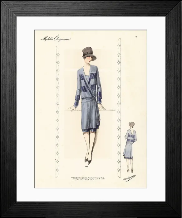 Framed Print : Afternoon dress of blue satin crepe with cross-over top. Grey ha Framed Print : Afternoon dress of blue satin crepe with cross-over top. Grey ha