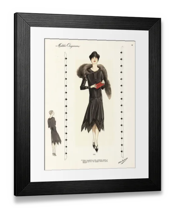 Framed Print : Afternoon robe in black faille, black lace trim, fox fur stole Framed Print : Afternoon robe in black faille, black lace trim, fox fur stole