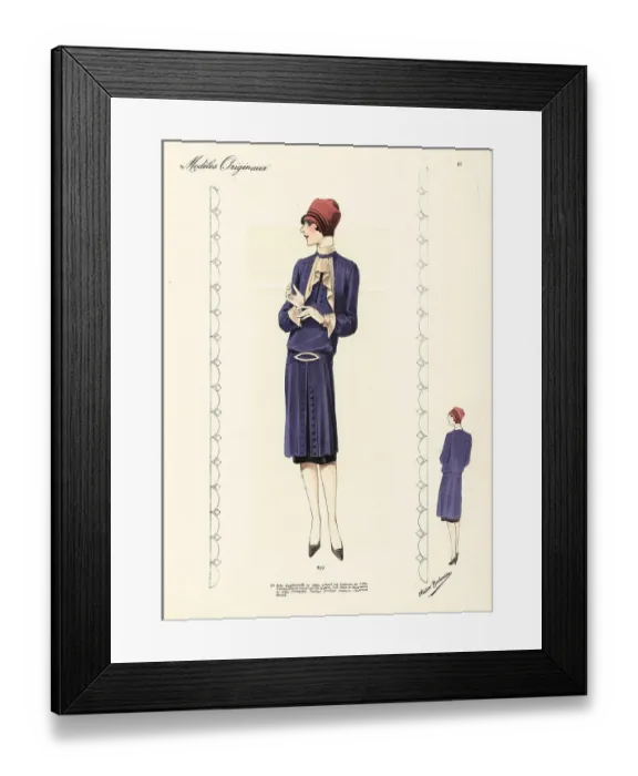 Framed Print : Woman in blue afternoon dress of crepe mongol over a satin slip Framed Print : Woman in blue afternoon dress of crepe mongol over a satin slip