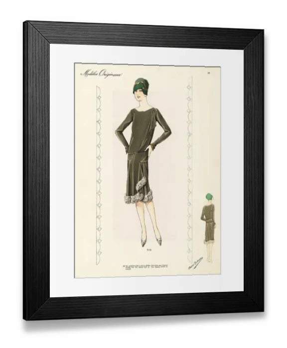 Framed Print : Woman in afternoon dress of velvet chiffon with Karakul wool tri Framed Print : Woman in afternoon dress of velvet chiffon with Karakul wool tri