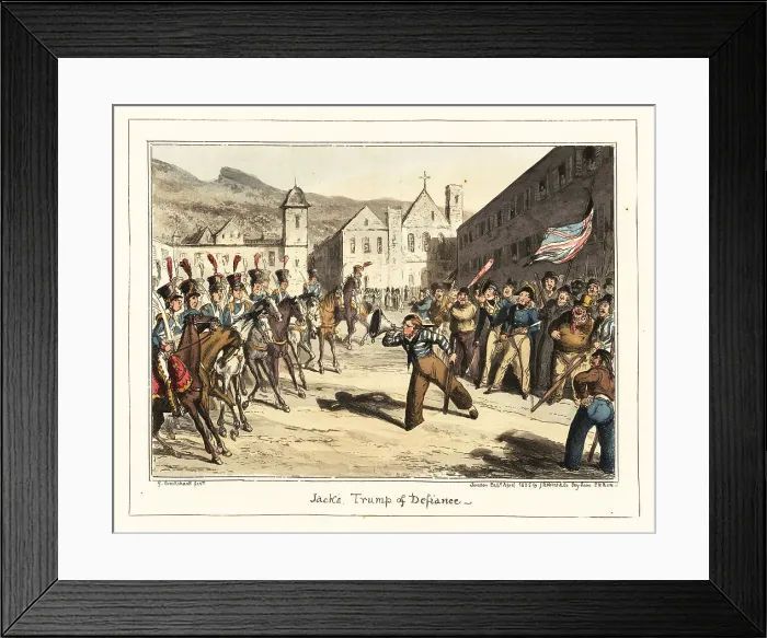 Framed Print : A stand-off between British sailors and Brazilian cavalry, 1807 Framed Print : A stand-off between British sailors and Brazilian cavalry, 1807