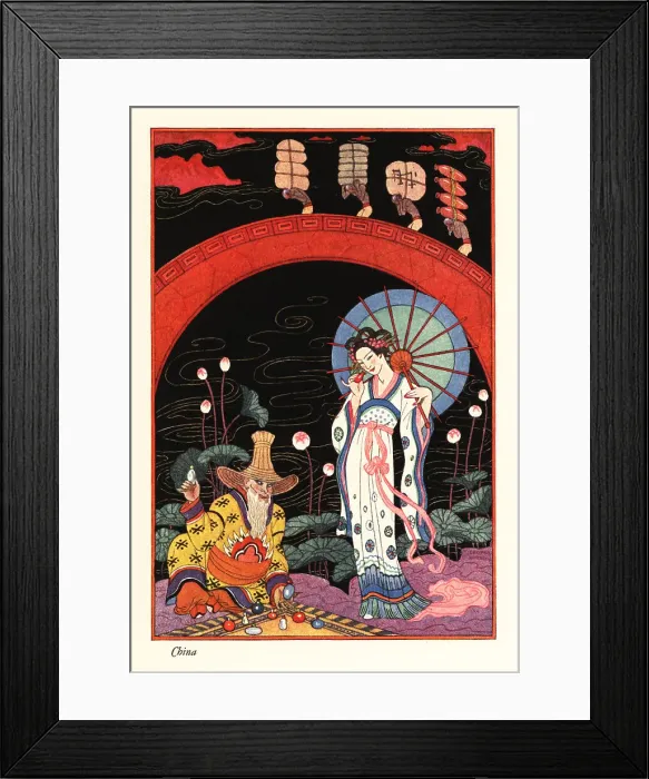 Framed Print : A young woman with lacquer parasol smelling a perfume flask, anc Framed Print : A young woman with lacquer parasol smelling a perfume flask, anc