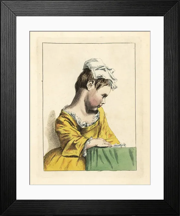 Framed Print : Figure of a girl in linen cap at a table Framed Print : Figure of a girl in linen cap at a table
