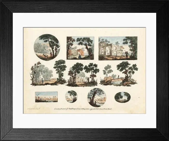 Framed Print : Group of miniature rustic landscapes by Jean-Baptiste Pillement Framed Print : Group of miniature rustic landscapes by Jean-Baptiste Pillement