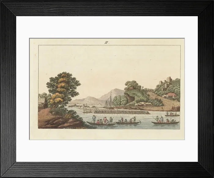 Framed Print : View of a large timber raft on the Rhine near Godesberg Castle Framed Print : View of a large timber raft on the Rhine near Godesberg Castle