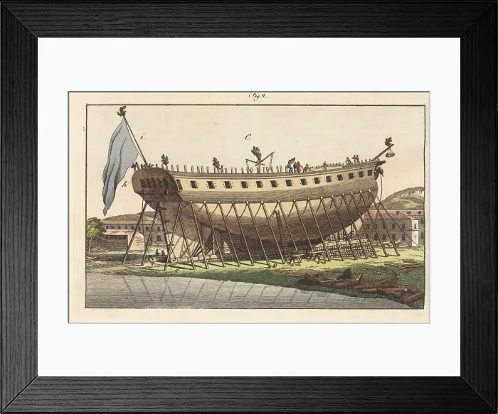Framed Print : French frigate in a shipyard ready for launch, 1800s Framed Print : French frigate in a shipyard ready for launch, 1800s