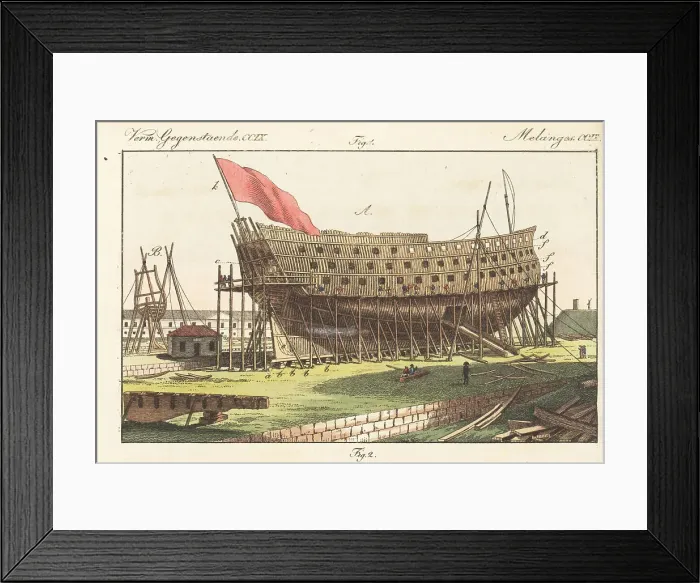 Framed Print : Ship of the line under construction in a shipyard, 1800s Framed Print : Ship of the line under construction in a shipyard, 1800s