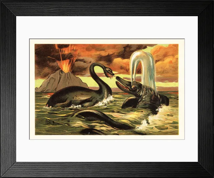 Framed Print : Plesiosaurus and Ichthyosaurus battling in front of an erupting Framed Print : Plesiosaurus and Ichthyosaurus battling in front of an erupting