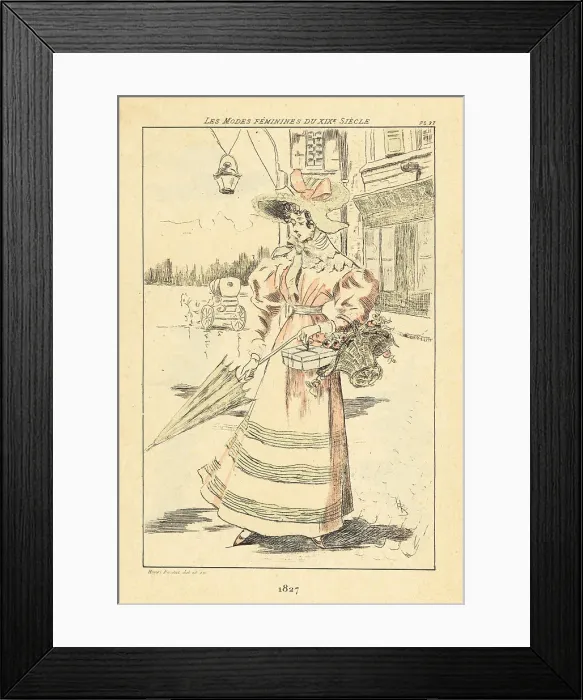 Framed Print : Fashionable lady in front of a dress shop, Paris, 1827 Framed Print : Fashionable lady in front of a dress shop, Paris, 1827