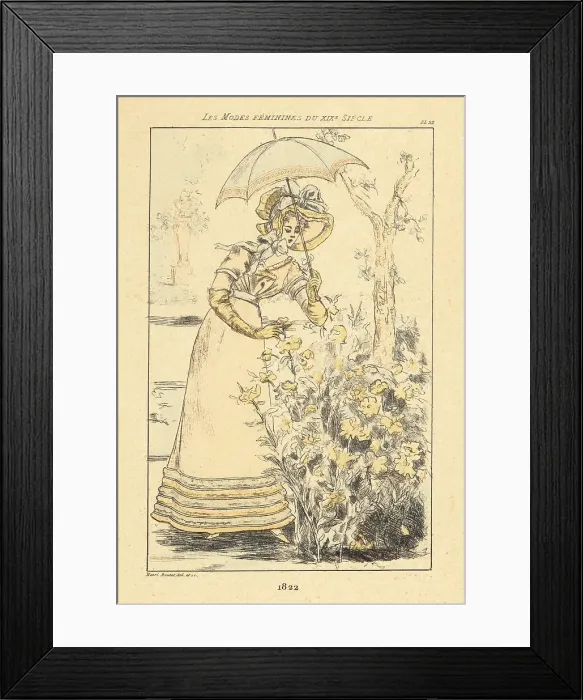 Framed Print : Fashionable lady picking flowers in a garden, Paris, 1832 Framed Print : Fashionable lady picking flowers in a garden, Paris, 1832