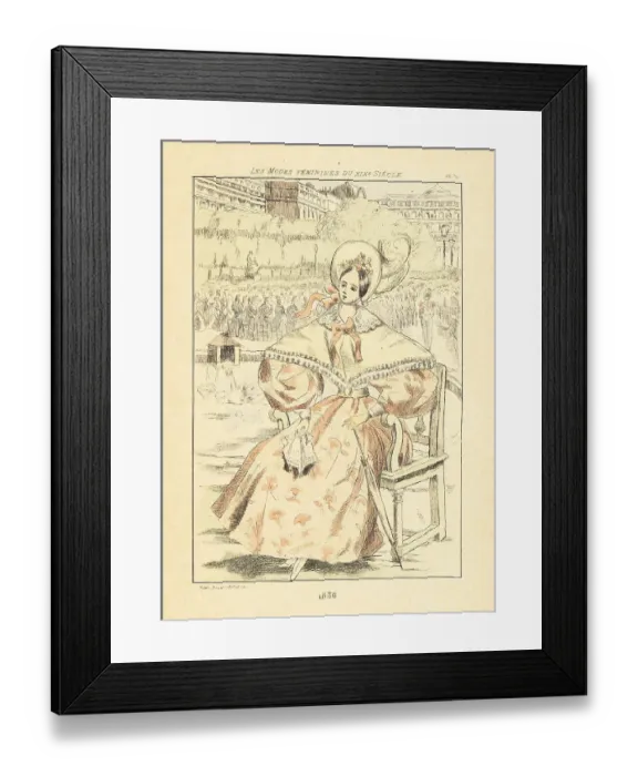 Framed Print : Fashionable woman listening to a band in a park, Paris, 1836 Framed Print : Fashionable woman listening to a band in a park, Paris, 1836