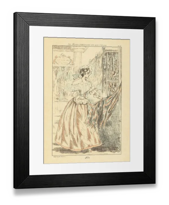 Framed Print : Fashionable woman looking at fabric in a dress shop, Paris, 1837 Framed Print : Fashionable woman looking at fabric in a dress shop, Paris, 1837