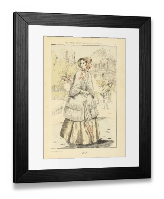 Framed Print : Fashionable woman promenading in a park, Paris, 1848 Framed Print : Fashionable woman promenading in a park, Paris, 1848