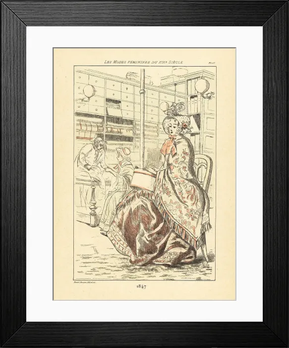 Framed Print : Fashionable woman with hat box sitting in a milliners, Paris, 18 Framed Print : Fashionable woman with hat box sitting in a milliners, Paris, 18