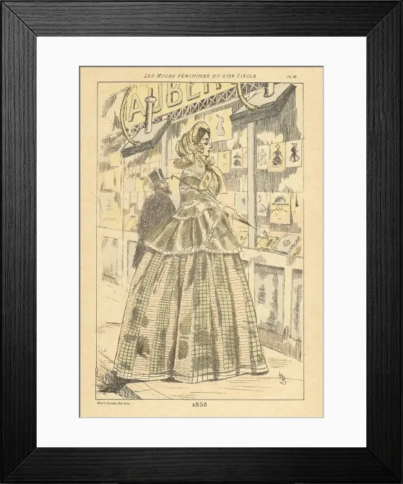 Framed Print : Fashionable lady in front of a printseller, Paris. 1858 Framed Print : Fashionable lady in front of a printseller, Paris. 1858