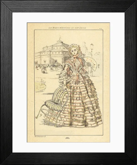 Framed Print : Fashionable lady in front of an octagonal theatre, Paris, 1861 Framed Print : Fashionable lady in front of an octagonal theatre, Paris, 1861