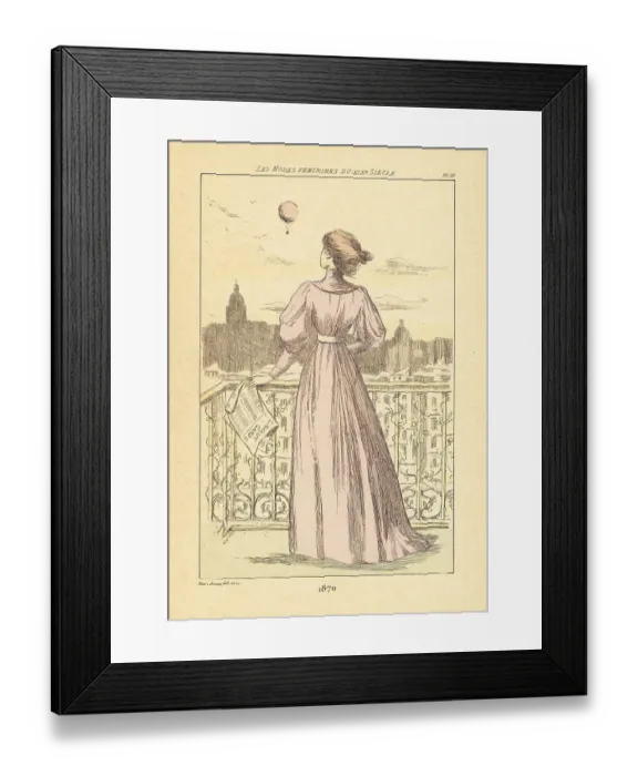 Framed Print : Fashionable woman watching a balloonist over Paris, 1870 Framed Print : Fashionable woman watching a balloonist over Paris, 1870