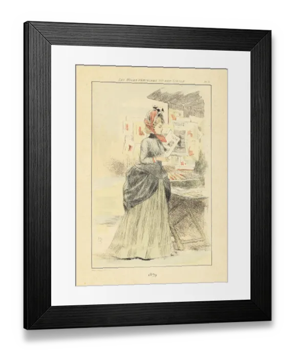 Framed Print : Fashionable woman at a bouquiniste stall, Paris, 1879 Framed Print : Fashionable woman at a bouquiniste stall, Paris, 1879