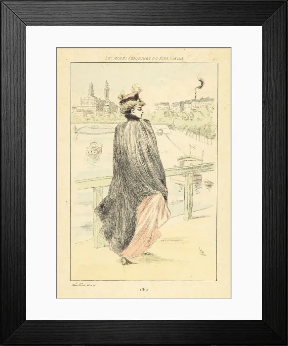 Framed Print : Fashionable lady walking on a bridge over the Seine, Paris, 1891 Framed Print : Fashionable lady walking on a bridge over the Seine, Paris, 1891