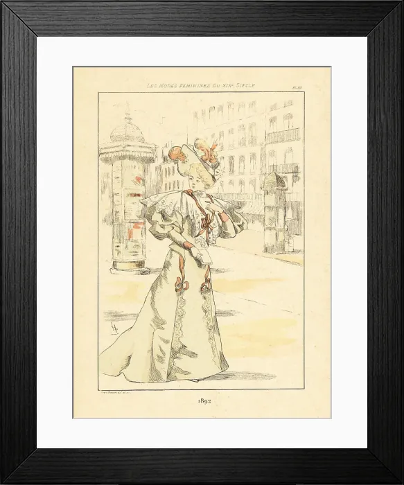 Framed Print : Fashionable woman in front of advertising kiosk, Paris, 1892 Framed Print : Fashionable woman in front of advertising kiosk, Paris, 1892