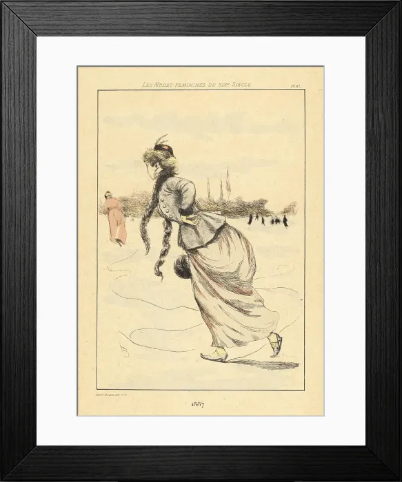 Framed Print : Fashionable lady ice skating on a frozen river, France, 1887 Framed Print : Fashionable lady ice skating on a frozen river, France, 1887