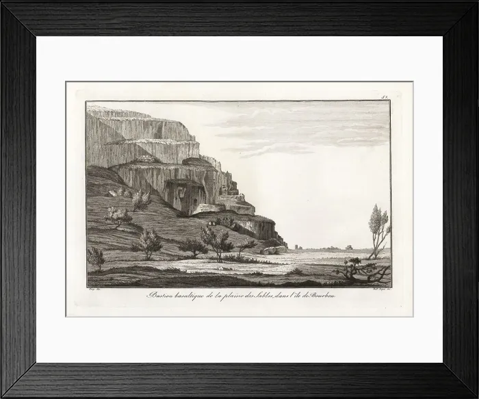 Framed Print : Basalt mass of prismatic columns on a plain of sand, Reunion Isl Framed Print : Basalt mass of prismatic columns on a plain of sand, Reunion Isl