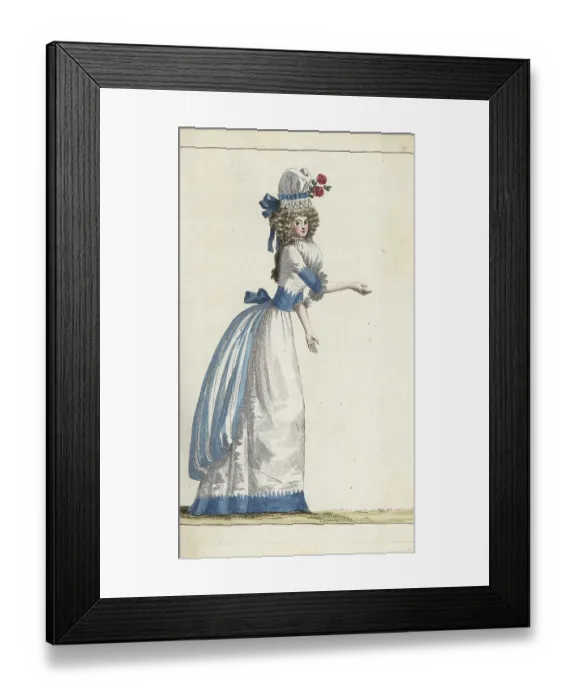 Framed Print : Fashionable woman in white and sky-blue outfit, 1790 Framed Print : Fashionable woman in white and sky-blue outfit, 1790