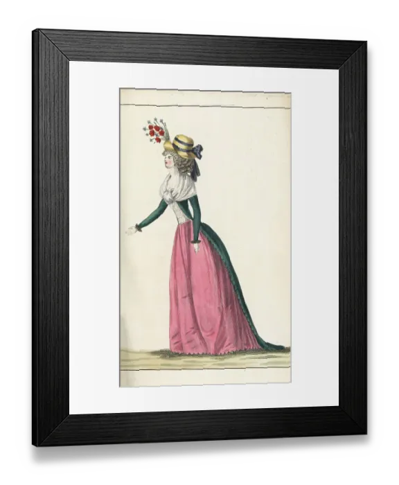 Framed Print : Fashionable woman in green gown and pink petticoat, 1790 Framed Print : Fashionable woman in green gown and pink petticoat, 1790