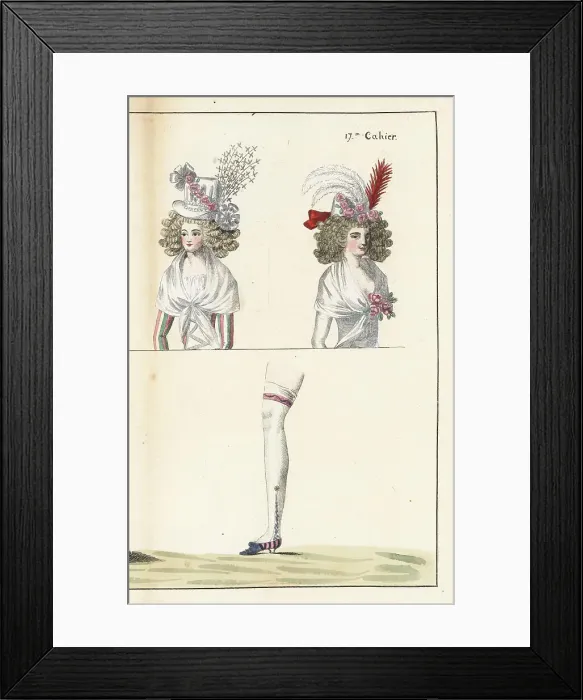 Framed Print : Fashionable women's bonnets, fichu and hose, 1790 Framed Print : Fashionable women's bonnets, fichu and hose, 1790