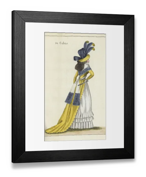 Framed Print : Fashionable woman in yellow and violet gown, 1790 Framed Print : Fashionable woman in yellow and violet gown, 1790