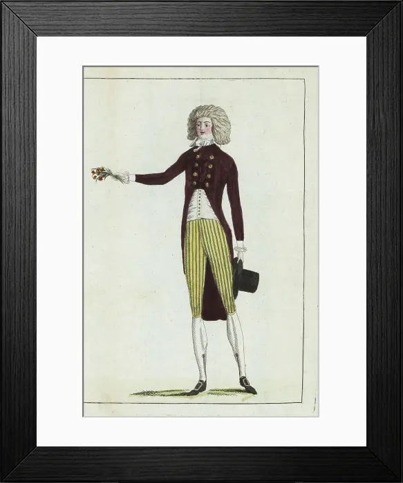 Framed Print : French dandy in red riding coat, striped culottes 1790 Framed Print : French dandy in red riding coat, striped culottes 1790