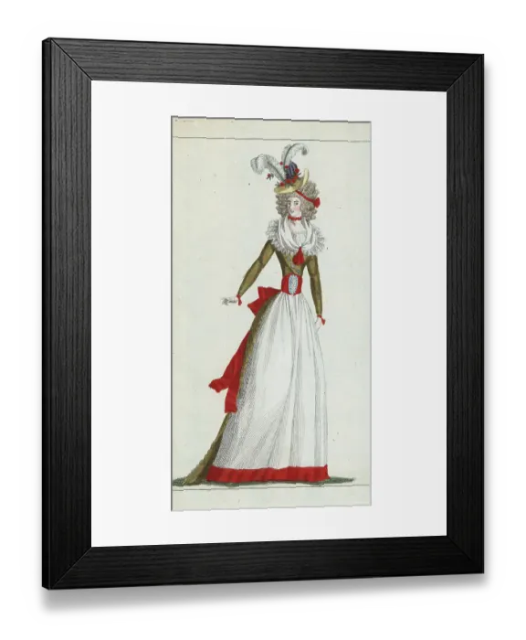 Framed Print : French woman in bonnet, gown, fichu and petticoat, 1790
