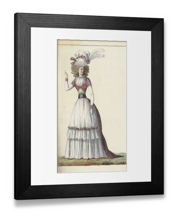 Framed Print : Fashionable woman in tricolor bonnet and bodice, 1790 Framed Print : Fashionable woman in tricolor bonnet and bodice, 1790