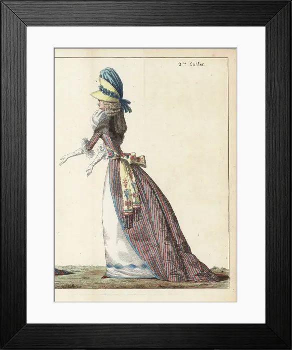 Framed Print : Fashionable woman in striped satin robe, 1790 Framed Print : Fashionable woman in striped satin robe, 1790