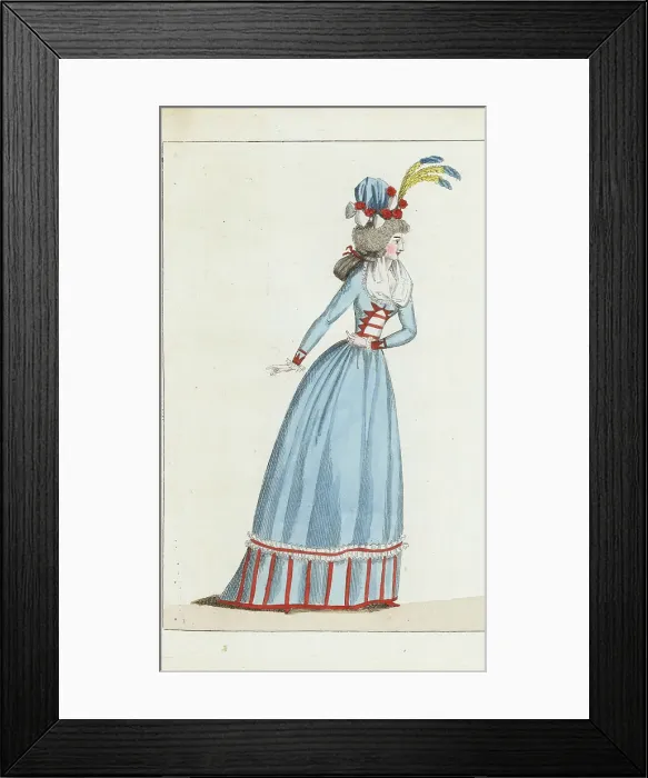 Framed Print : Woman in sky-blue satin gown and petticoat, 1791 Framed Print : Woman in sky-blue satin gown and petticoat, 1791