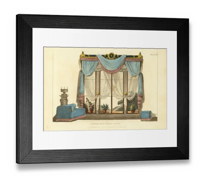 Framed Print : Drawing room window curtain, Grecian sofa and stool, 1812 Framed Print : Drawing room window curtain, Grecian sofa and stool, 1812