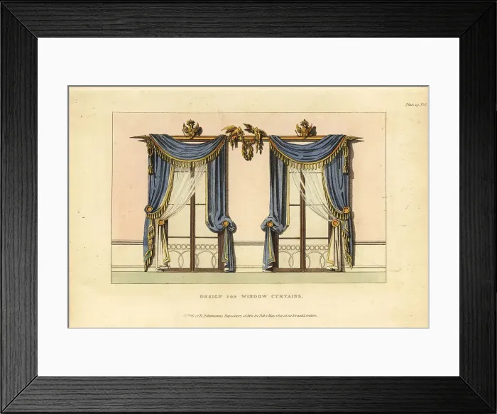 Framed Print : Regency era window curtains in French royal colours Framed Print : Regency era window curtains in French royal colours