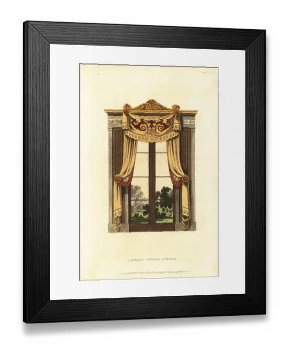 Framed Print : Regency-era library window curtains, 1815 Framed Print : Regency-era library window curtains, 1815