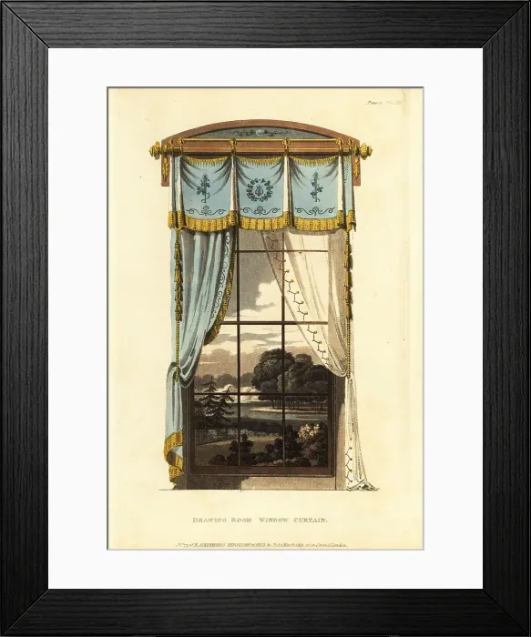 Framed Print : Drawing room window curtain in shot silk, 1815 Framed Print : Drawing room window curtain in shot silk, 1815