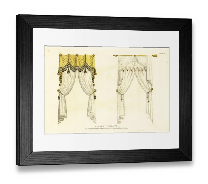 Framed Print : Elegant French drapery window curtains, 1810 Framed Print : Elegant French drapery window curtains, 1810