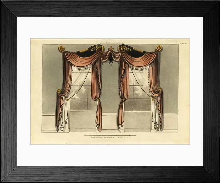 Framed Print : Boudoir or breakfast-parlour window curtains, 1815 Framed Print : Boudoir or breakfast-parlour window curtains, 1815