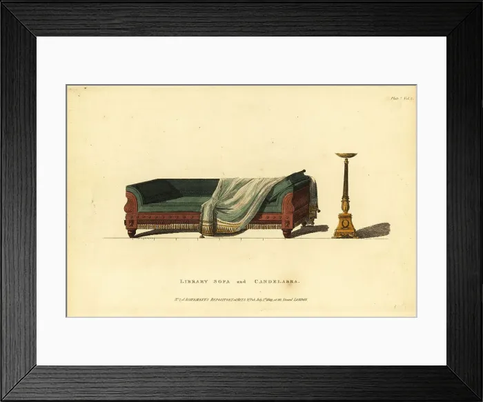 Framed Print : Library sofa in carved mahagony with green Morocco leather Framed Print : Library sofa in carved mahagony with green Morocco leather