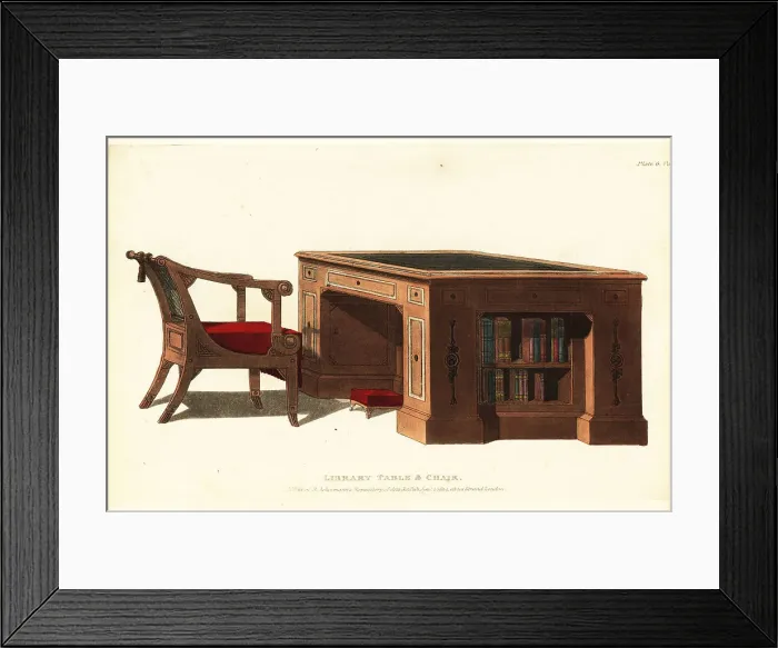 Framed Print : Regency-era library table and chair in mahogany and bronze Framed Print : Regency-era library table and chair in mahogany and bronze